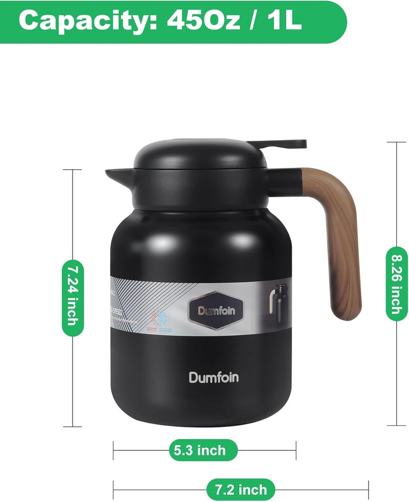 Dumfoin 45 Oz Thermal Coffee Carafe, Stainless Steel Insulated Vacuum Coffee Carafes For Keeping Hot, 1.3 Liter Beverage Dispenser (Black/Black) - Image 5